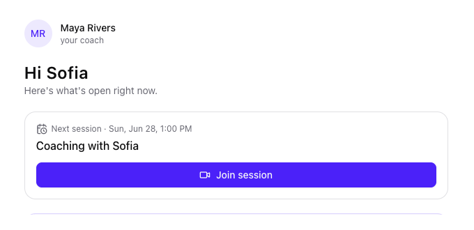 A client's calm home portal in Evo — next session, notes, and homework